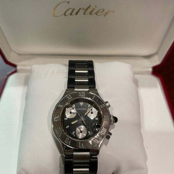 Authentic Cartier Chronoscaph Chronograph Quartz Black Dial Ladies Watch - Picture 1 of 13